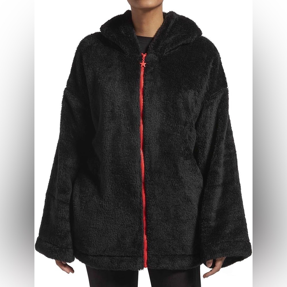 Kendall & Kylie Black Fuzzy Hooded Jacket with Red Accents